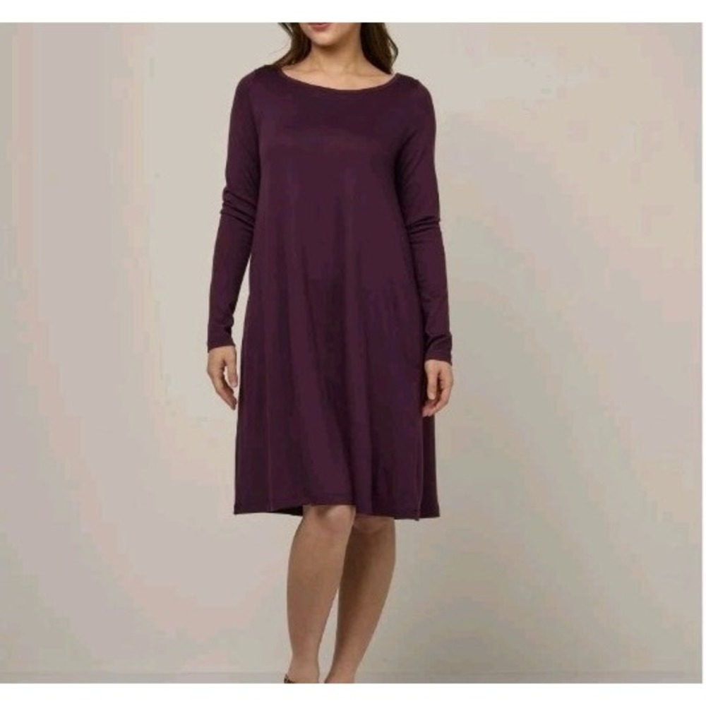 WOOL& Rowena Swing Dress Merino Wool Size Small Burgundy Long Sleeve Layering
